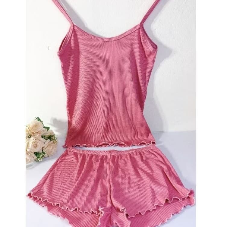 Pijama Baby Doll feminino canelado short Doll conjunto confortável