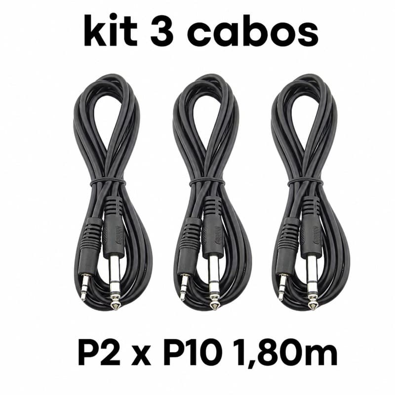Kit 3 Cabos P2 Stereo x P10 Mono 1,8m Mesa Som