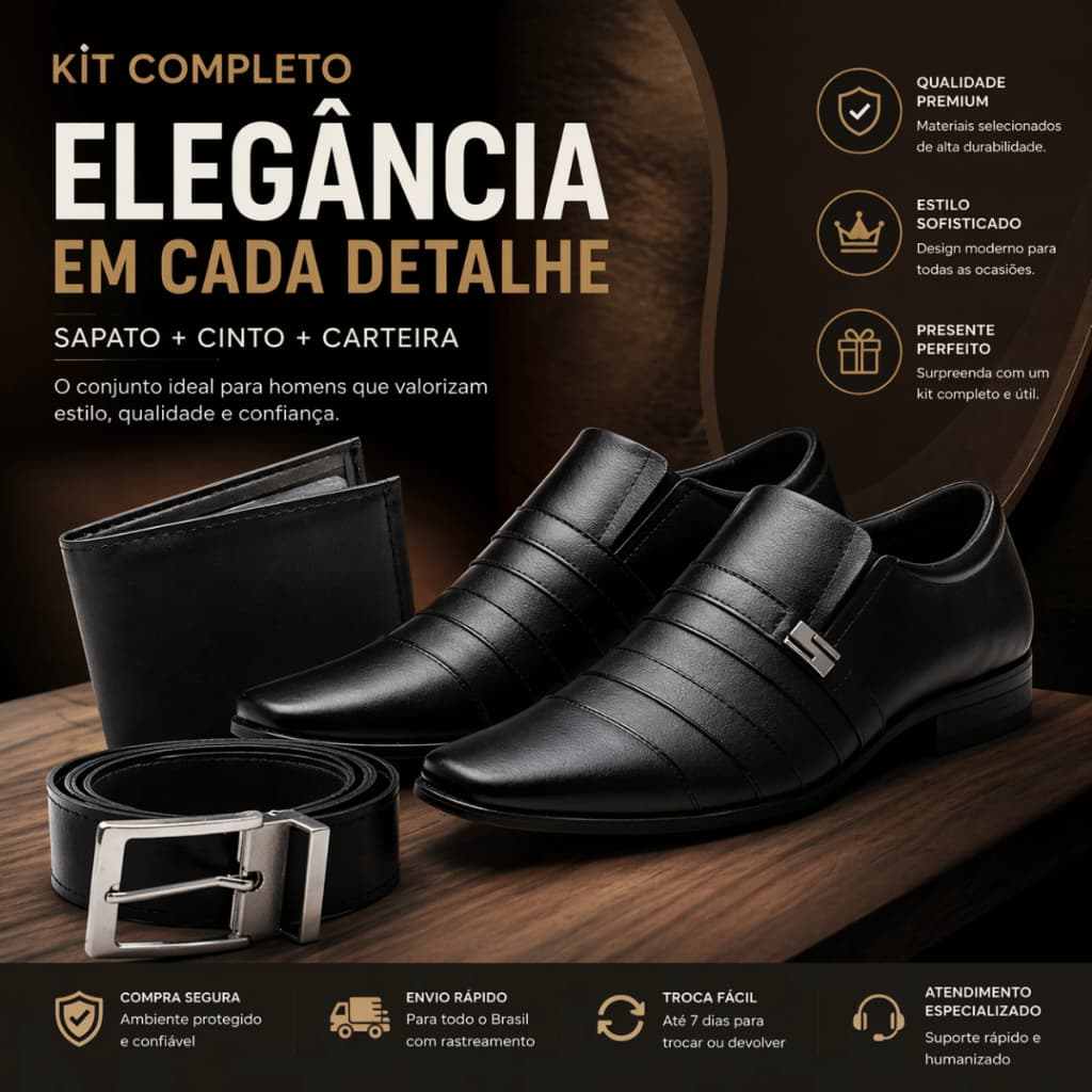 Kit Sapato + Cinto e Carteira Masculino Casual Oxford Derby Sapatênis Social Confortável Preto Couro Trabalho Casamento