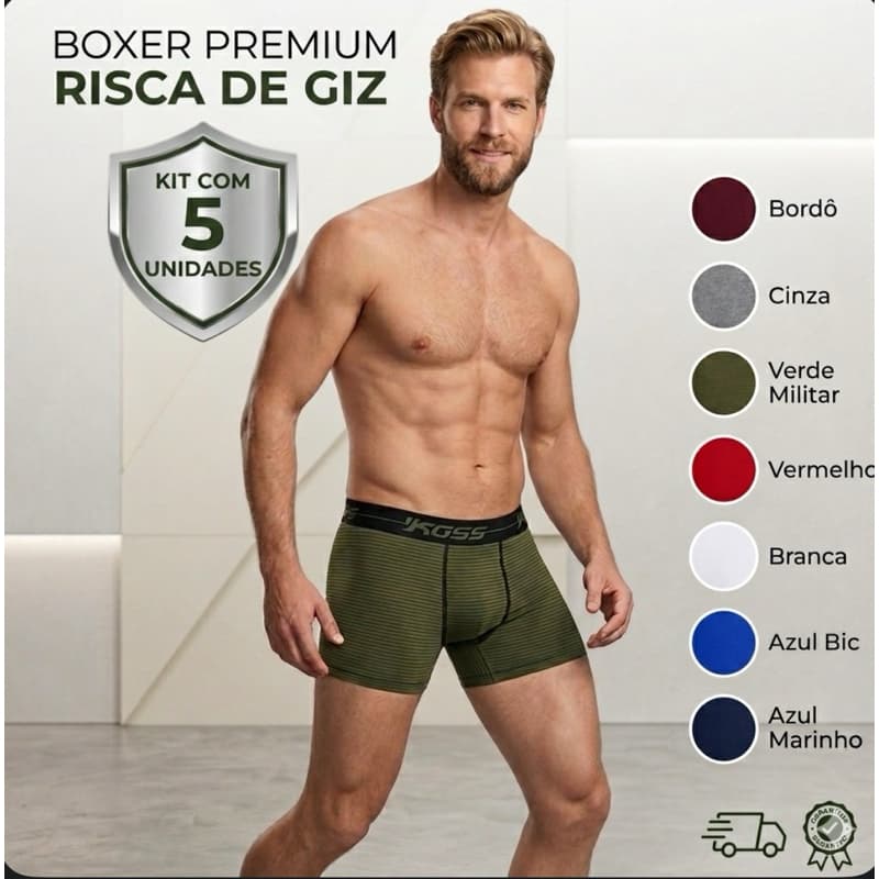 KIT 5  BOXER CUECA ADULTO MASCULINA PREMIUM RISCA DE GIZ CORES CONFORTÁVEL LISTRADA