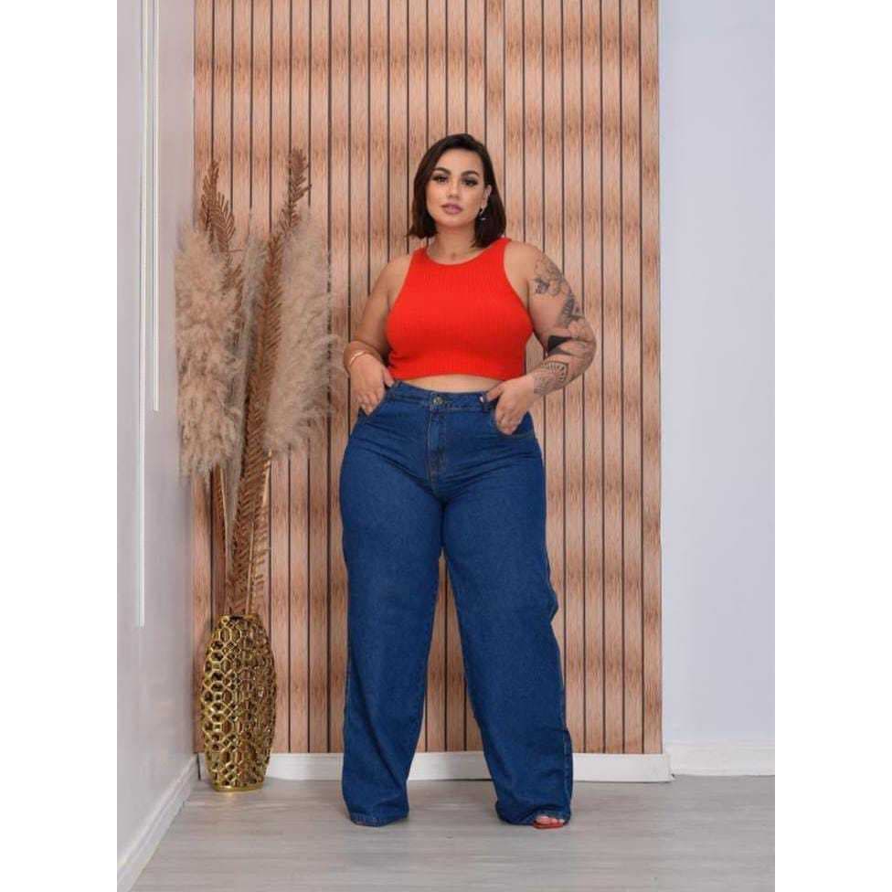 Calça Jeans Wide Leg Delaver Plus Size  Azul Tendência 2026