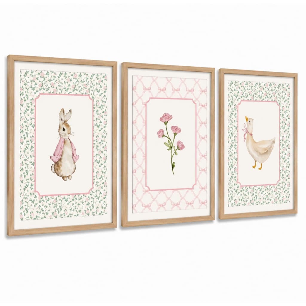 Kit 3 Quadros Decorativos Infantil | Flores, Jardim, Delicado, Floral, Ganso | Quarto Menina - No256