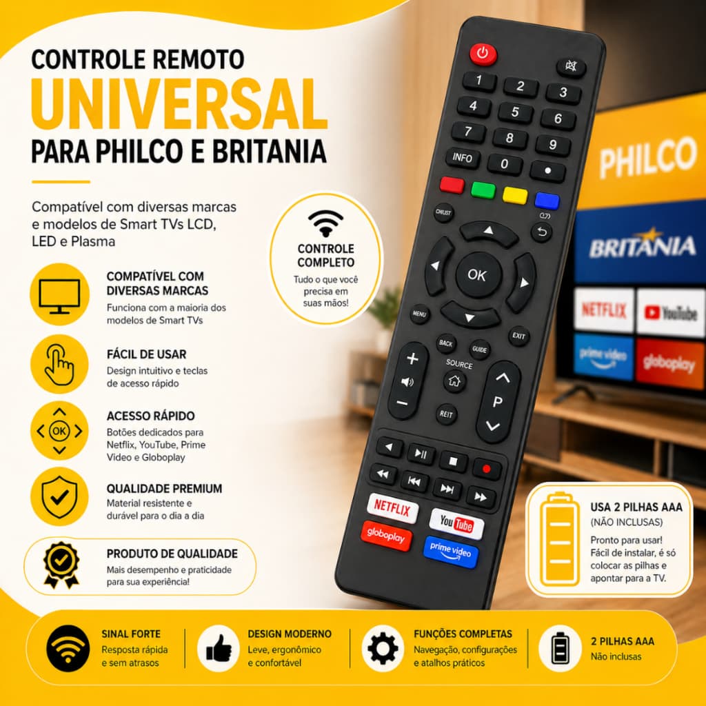 Controle Remoto Compatível TV Philco e Britânia Acesso Rápido Netflix YouTube Prime