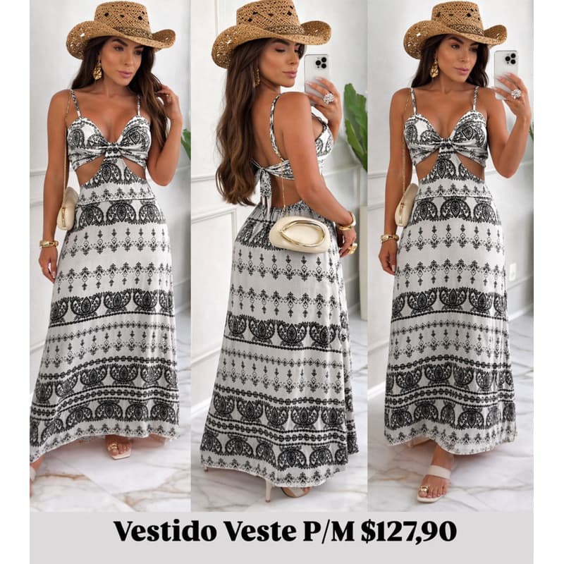 Vestido longo feminino estampado tecido viscose detalhe abertura na lateral com bojo