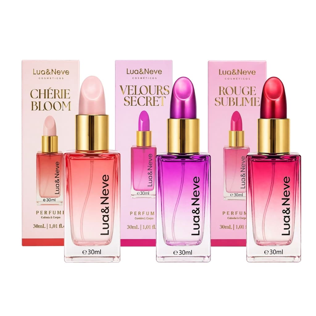 Perfume Líquido 30ml - Design Batom - 3 Fragrâncias Disponíveis: Frutas, Flores e Madeira - Lua&Neve