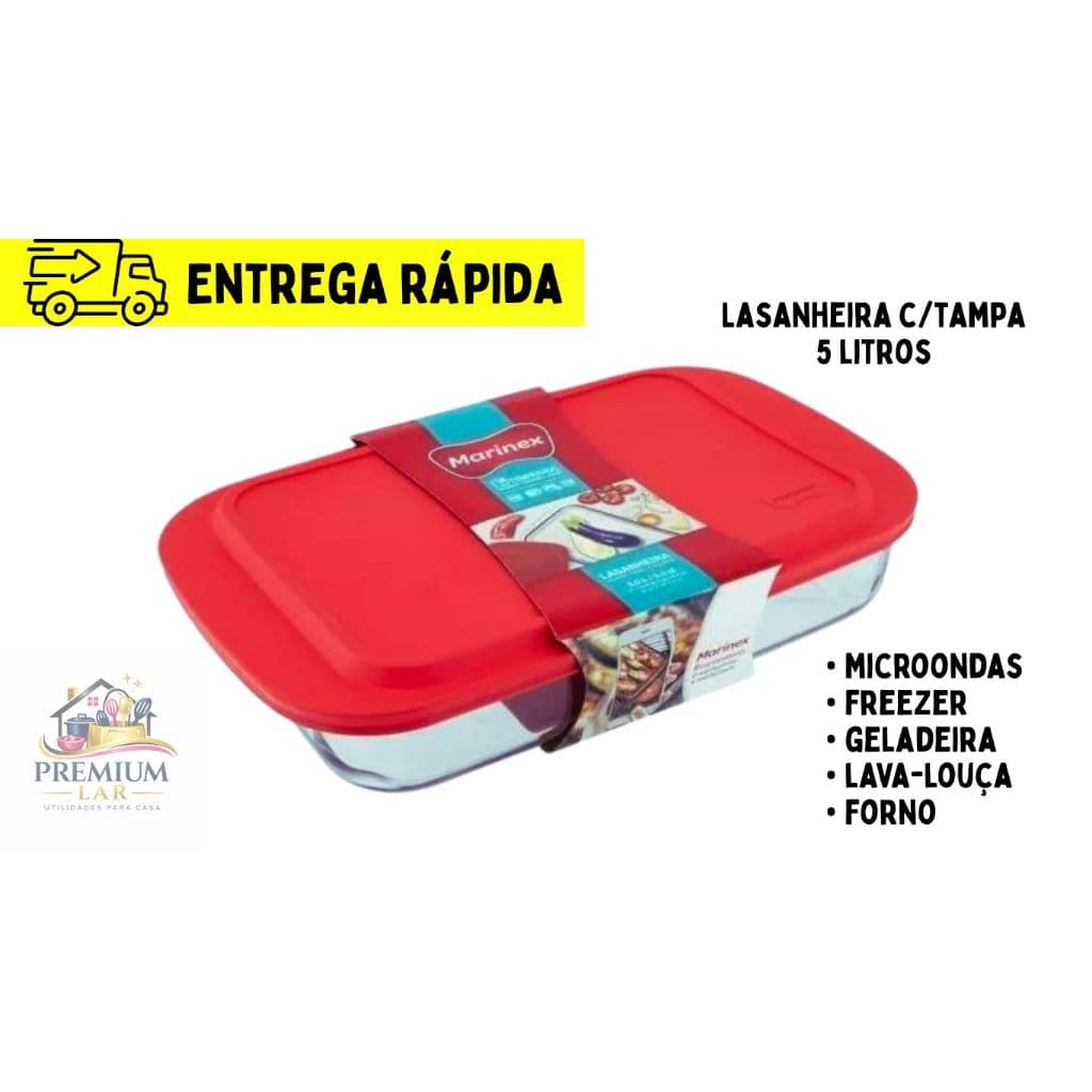 Lasanheira Assadeira Travessa com Tampa 5,3 Litros Retangular Funda Grande de Vidro Marinex