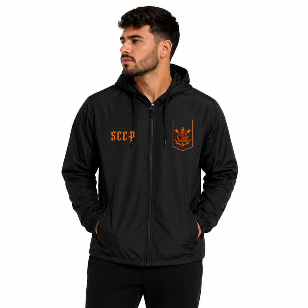 Jaqueta Corta Vento Laranja Corinthians Unissex ESTAMPADA com Capuz Zíper Moda Streetwear Leve Ideal para Dia a Dia Ac