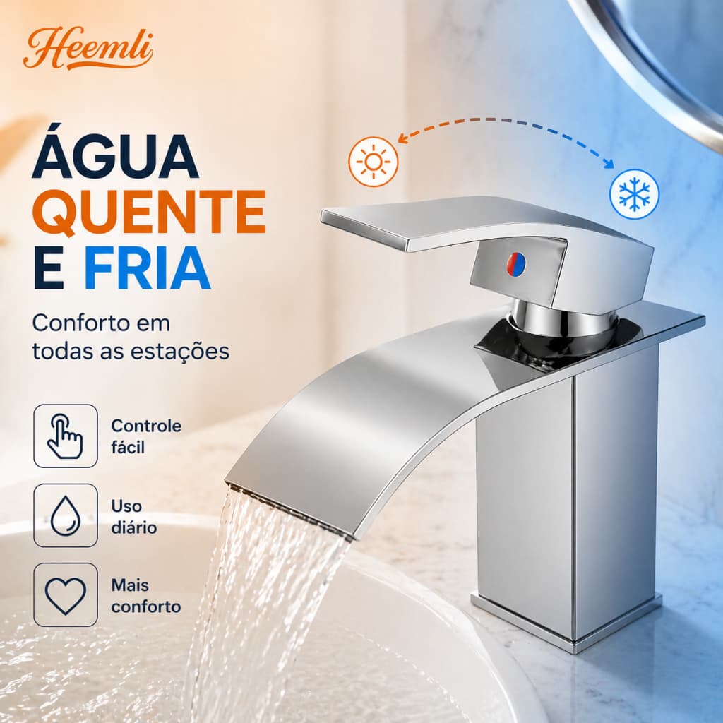 Heemli Torneira de banheiro , em aço inoxidável cromado, quadrada, para água quente e fria