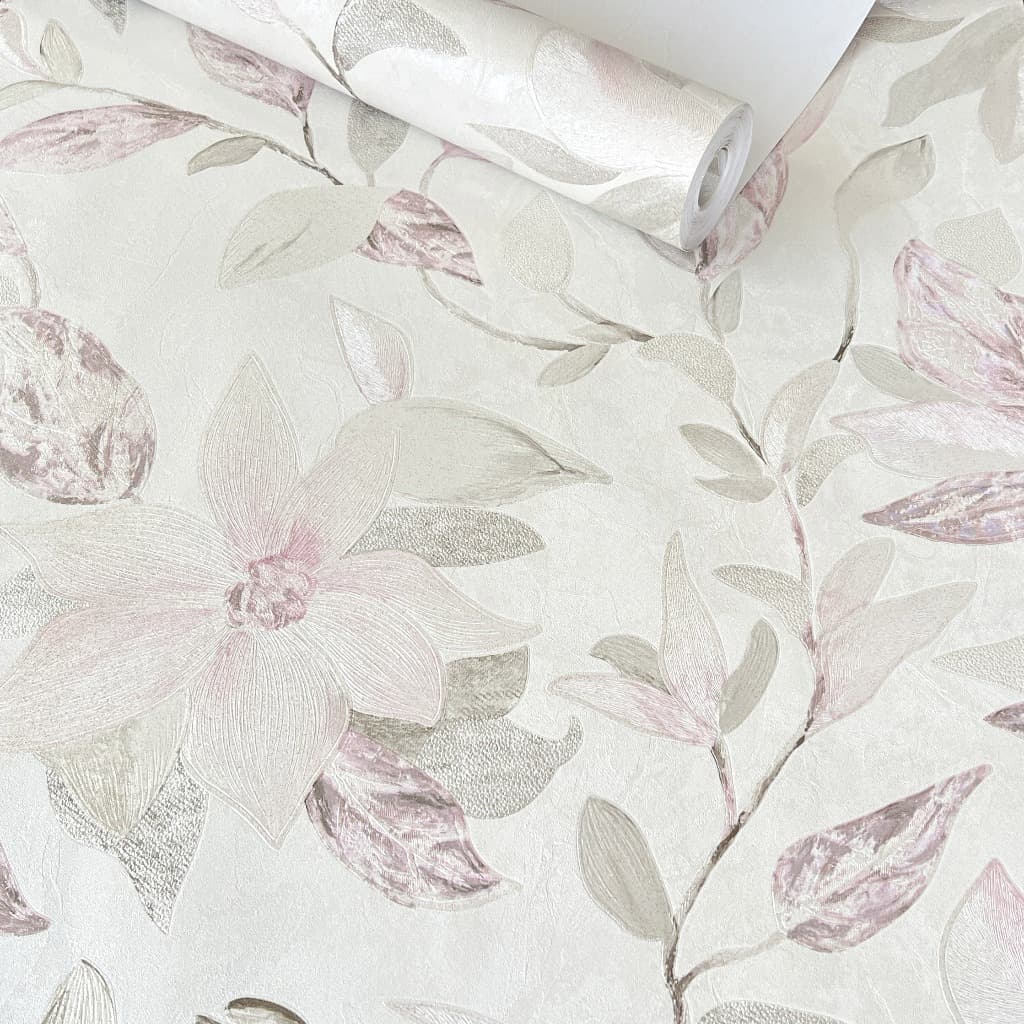 Papel de Parede Importado Alto Relevo Floral Rosas - Rolo 10m x 53cm - Cola Inclusa - Fundo Pérola com Flores Rosas