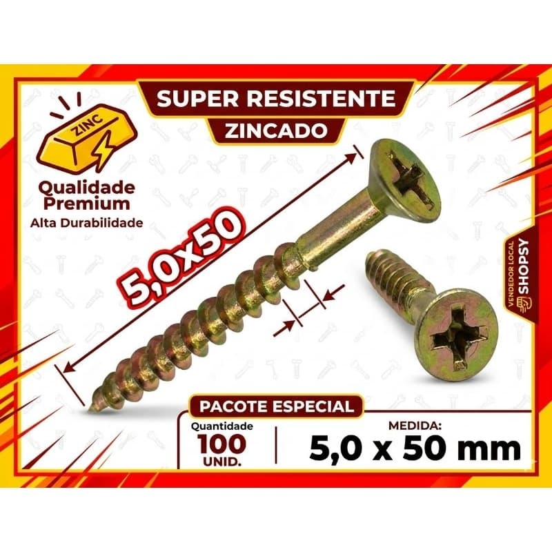 Parafuso Madeira Chipboard 5,0 x 50mm Philips Jomarca - Kit 100 / 200 / 500 Unid.