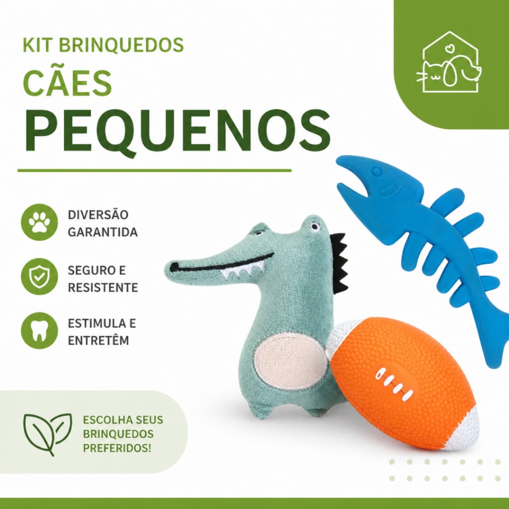 Kit 3 Brinquedos Cachorros Pequenos com Pelúcia, Mordedor e Vinil