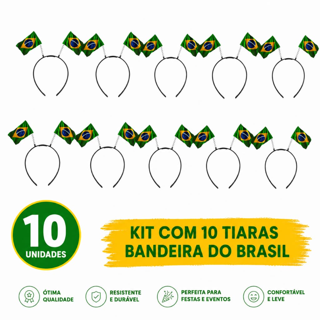 Kit 10 Tiara Arco C/Bandeirinha p/ Cabelo Copa do Mundo Brasil Torcida Jogo Seleção Brasileira
