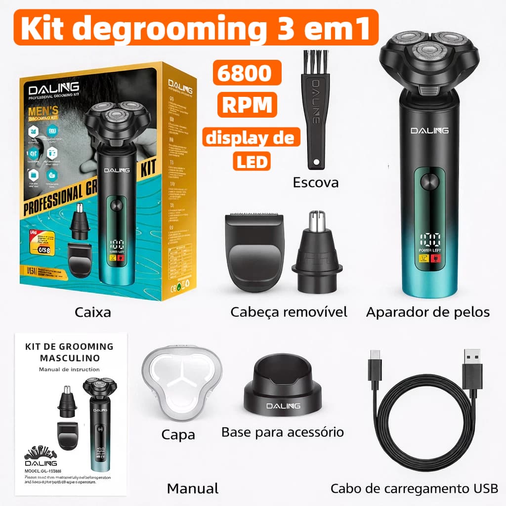 Maquina De Barbear Aparador e Depilador de Pelos Elétrico 3 Em 1 Shaver  Nariz Barba Pelos e Corpo DL-9501