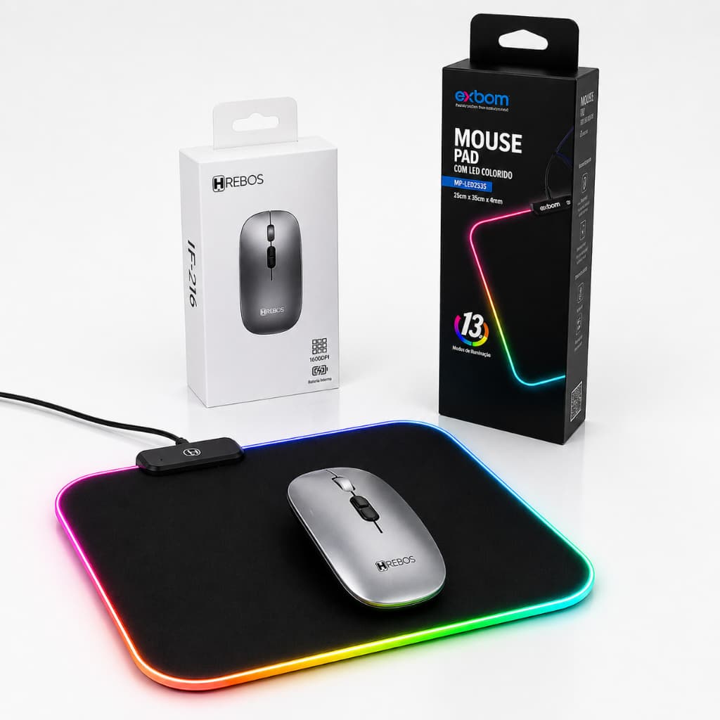 Kit Mouse Bluetooth Recarregável Hrebos + Mouse Pad Gamer RGB 25x35cm