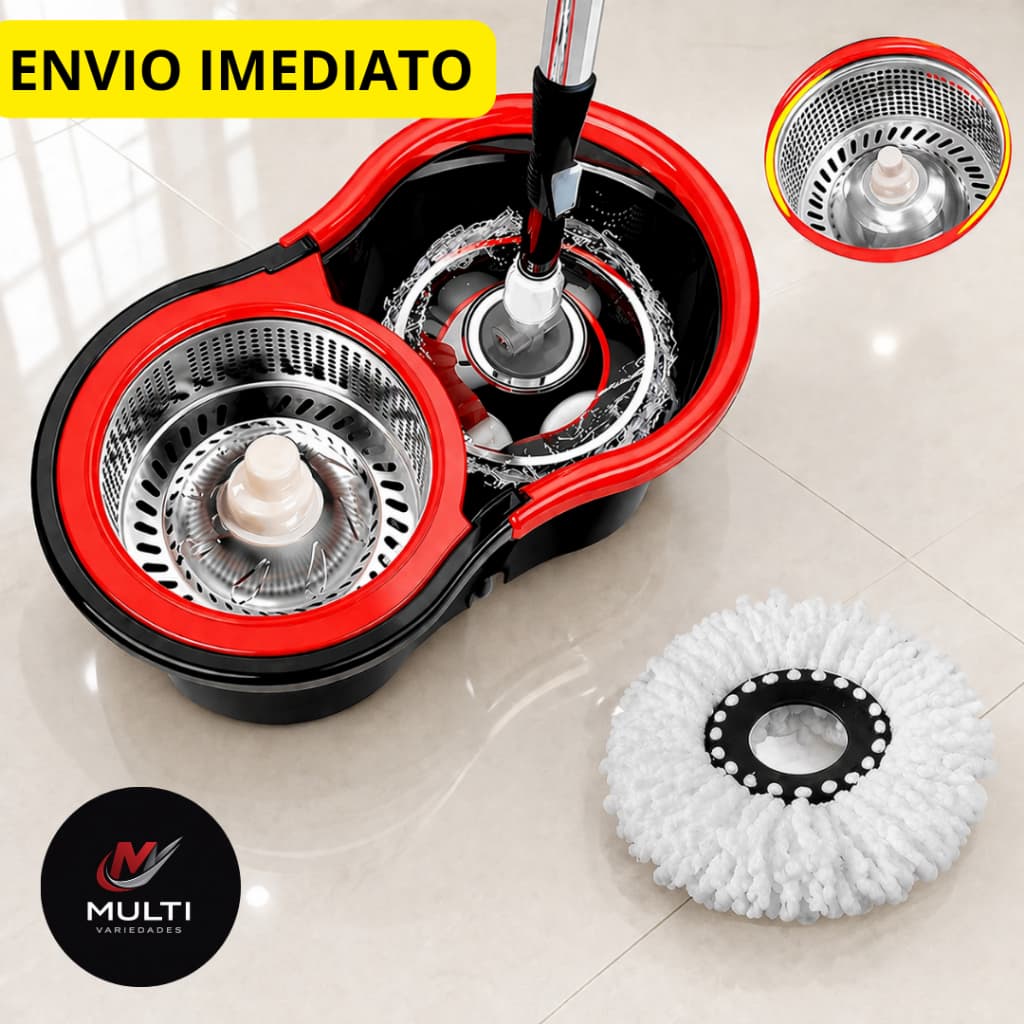 Mop Esfregão Giratório 13 Litros Plástico 360° com Refil Balde e Cesto de Inox Cabo de 120 cm