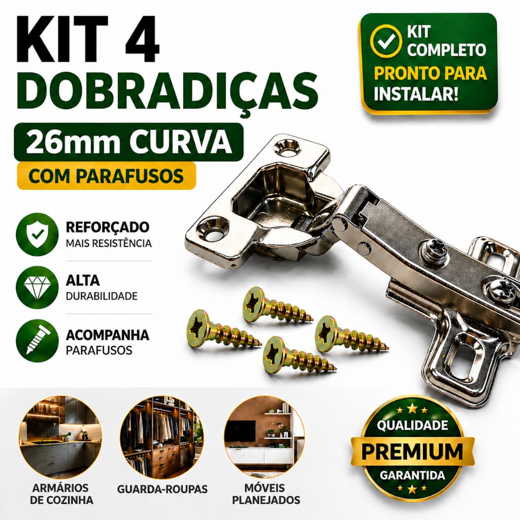 Kit 4 Dobradiça 26mm Curva Armário Porta Móveis Cozinha Guarda Roupa Com Parafuso