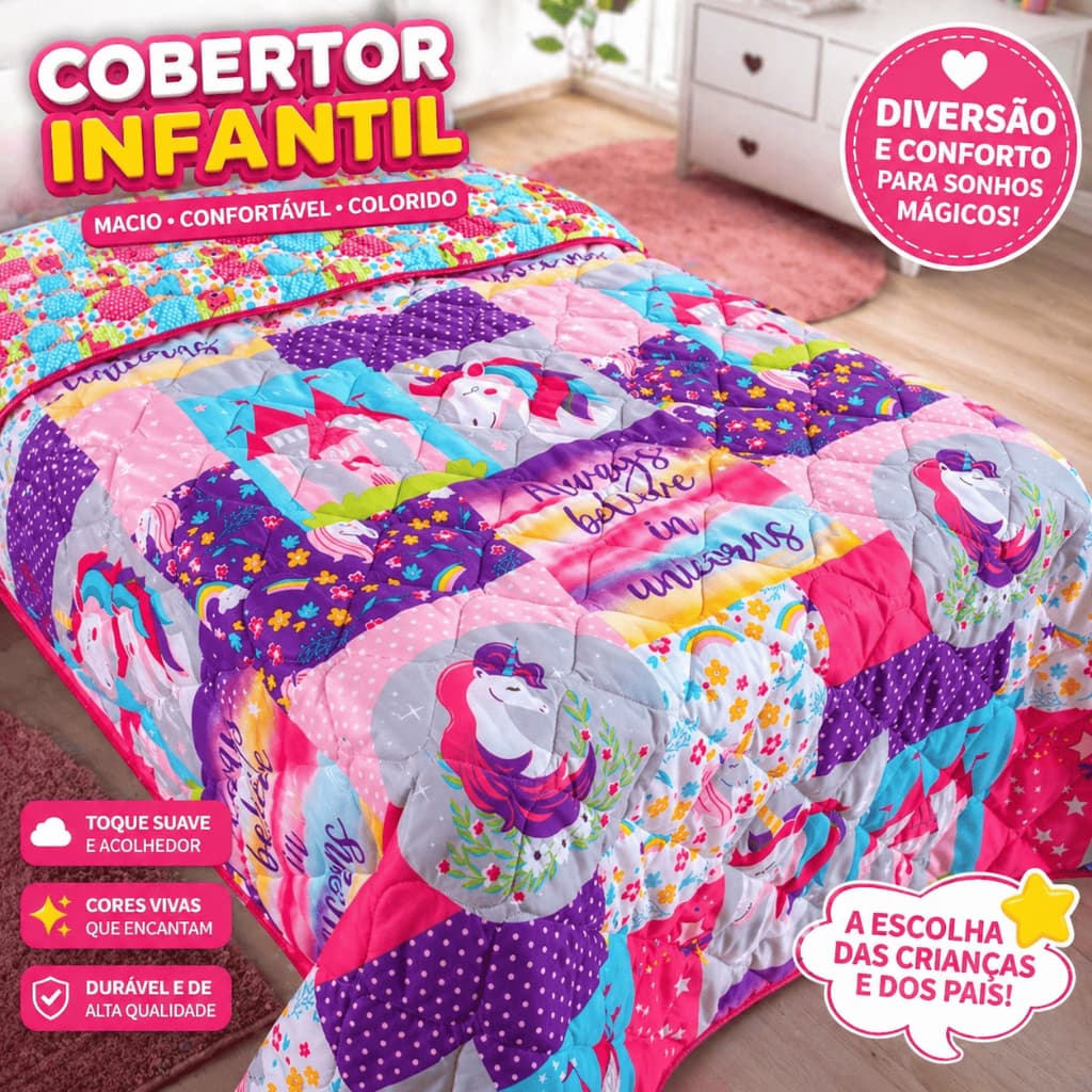 Edredom Infantil Kids Dupla Face Menino Menina Colorido Personagens Cama