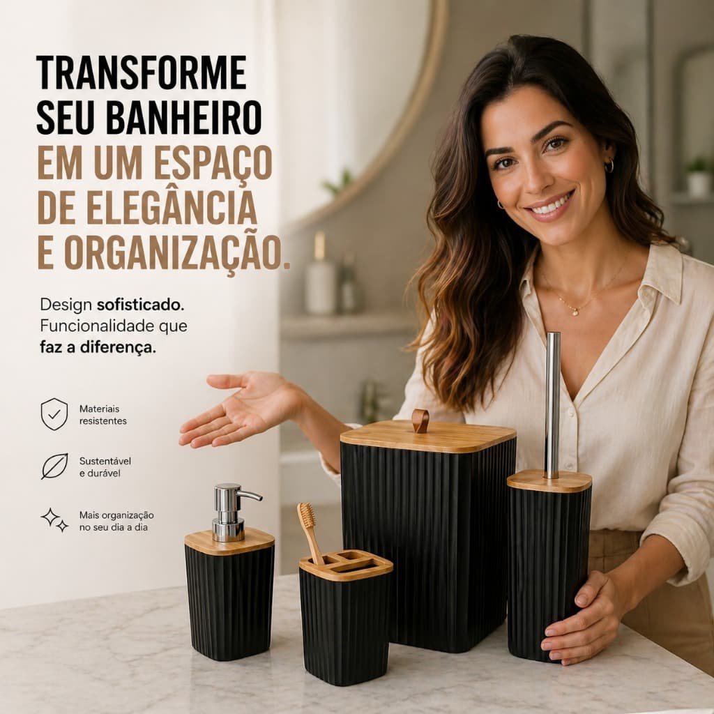 Kit Banheiro Luxo 4 Peças Lixeira Escova Sanitária Dispenser Porta Escova Bambu Premium