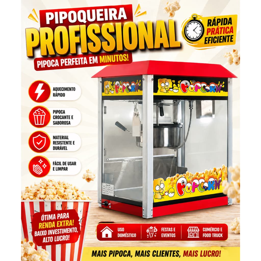 Maquina de Pipoca Pipoqueira Profissional Elétrica Grande 1400w Comercial de Bancada - 110V ou 220V