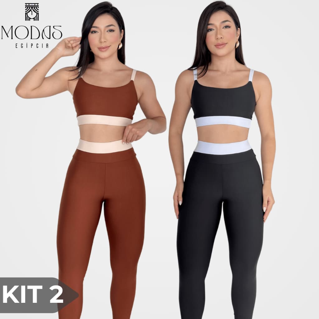 Kit 2 Conjunto Academia Feminino Fitness Bicolor Suplex Cintura Alta Top Cropped Alcinha