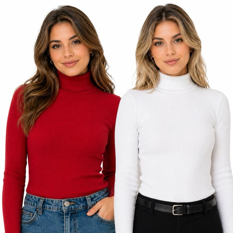 Kit 2 Blusas Manga Longa Canelado Gola Alta Promoção/Inverno