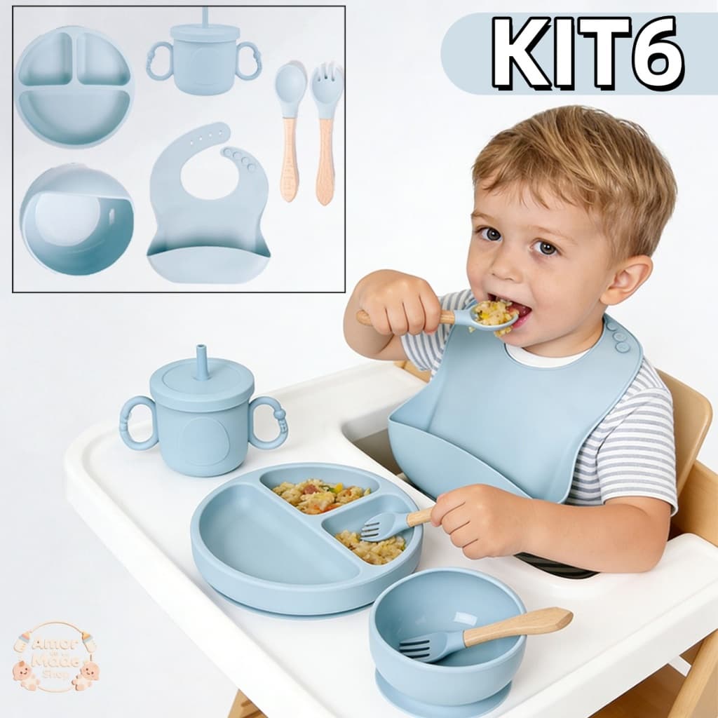 Kit6 Talheres bebê silicone 4/6Peças Talheres Infantil Com Ventosa Canudo Colher Babador Garfo