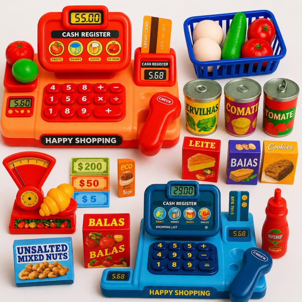 Kit Brinquedos Menino Menina 29 Pecas Mercadinho Infantil Caixa Registradora Comidinha Mercado Kids