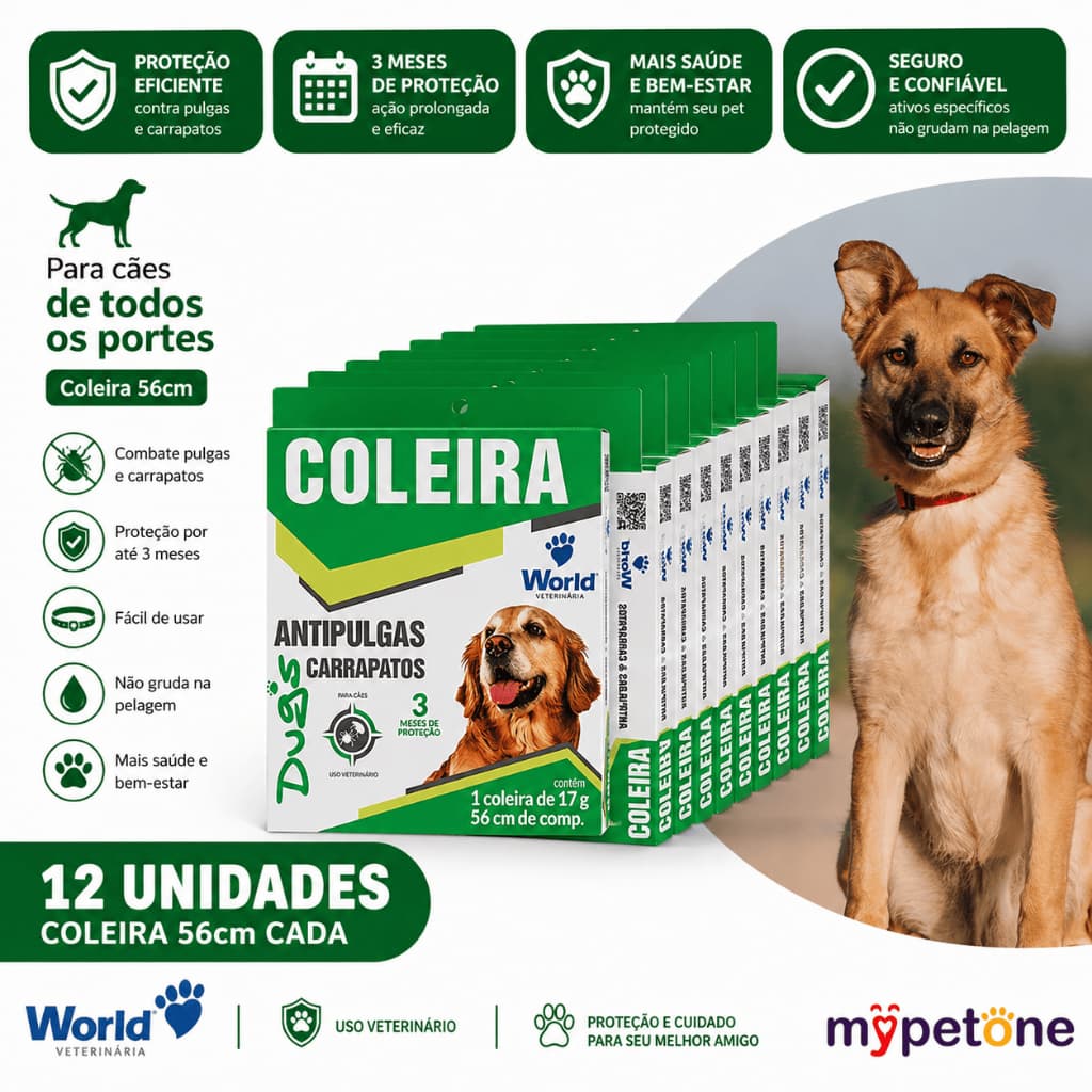 Kit 12 Coleira World Veterinária Dug's 17g Antipulgas para Cães - 56cm
