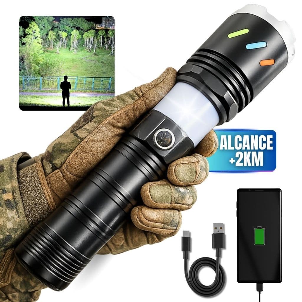 Lanterna Tática LED Recarregável Alta Potência com Zoom USB 5 Modos de Iluminação