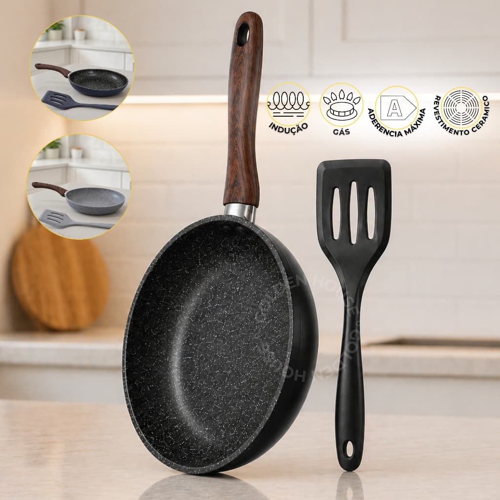 Kit Frigideiras 2 Peças e Espátula de Silicone Indução Cerâmica Antiaderente -  24cm