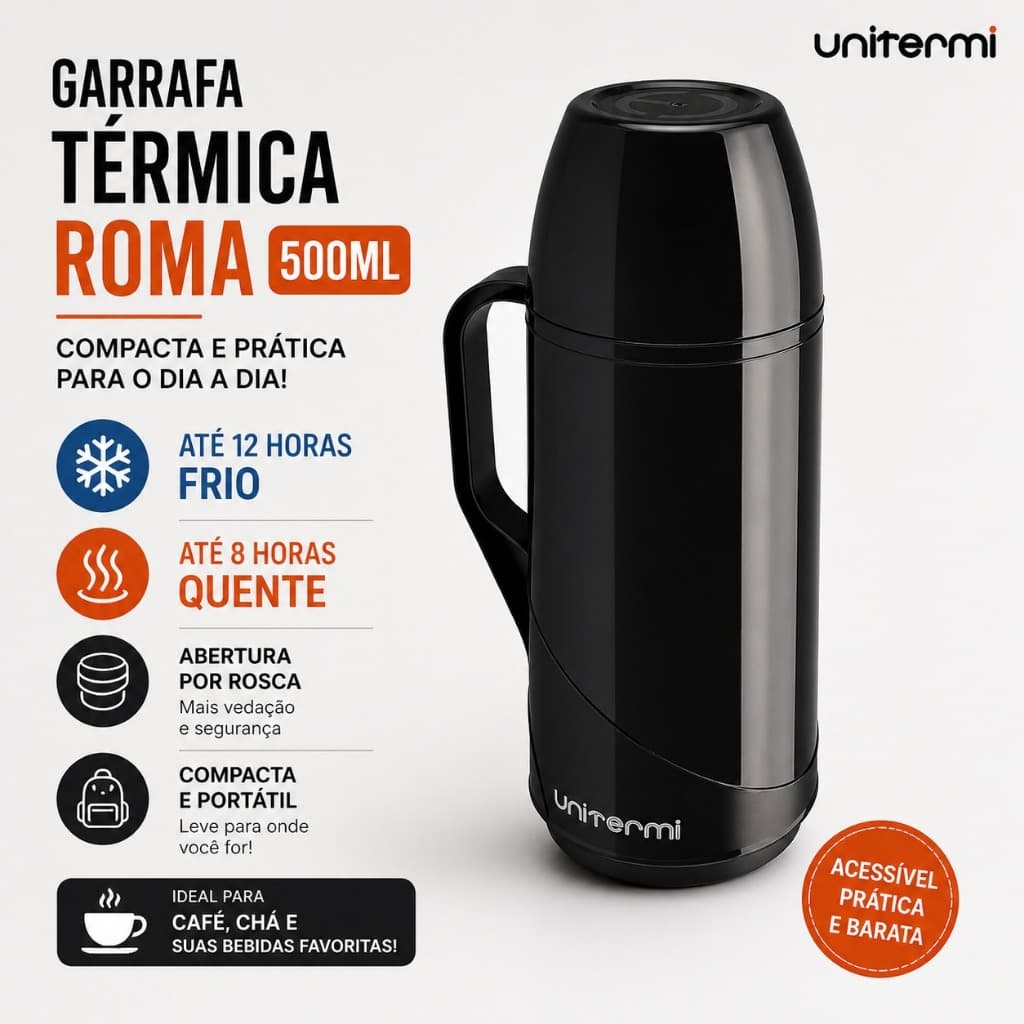 Garrafa Térmica Compacta Roma 500ml Unitermi Rosca Portátil