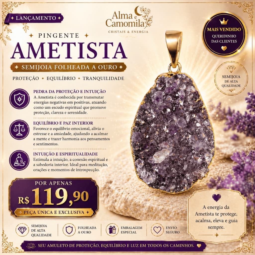 Folheado a Ouro Semijoia - Pingente Ametista Natural Pedra Bruta Proteção Equilíbrio Energia