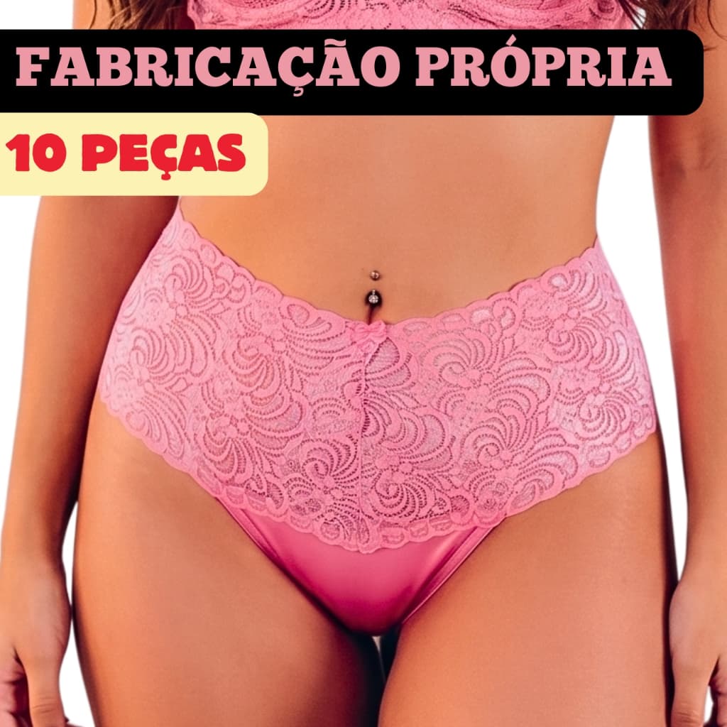 Kit 10 Calcinhas Feminina em Renda Cos Alto Calsinha Cintura Alta Adulta Modeladora