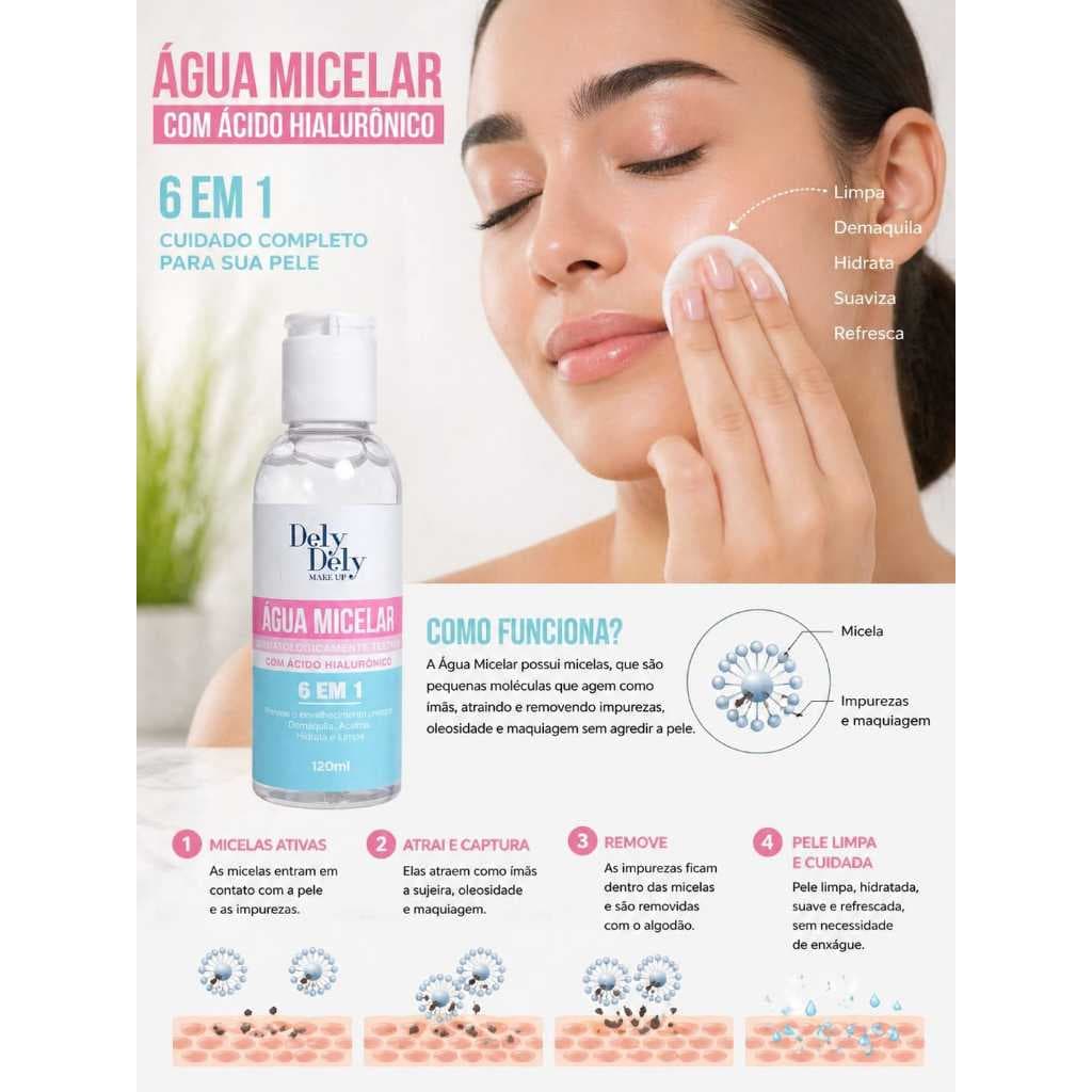 Dely Dely make up/Agua micelar[demaquilante facial/limpeza facial}remove maquiagem e impurezas uso diario.