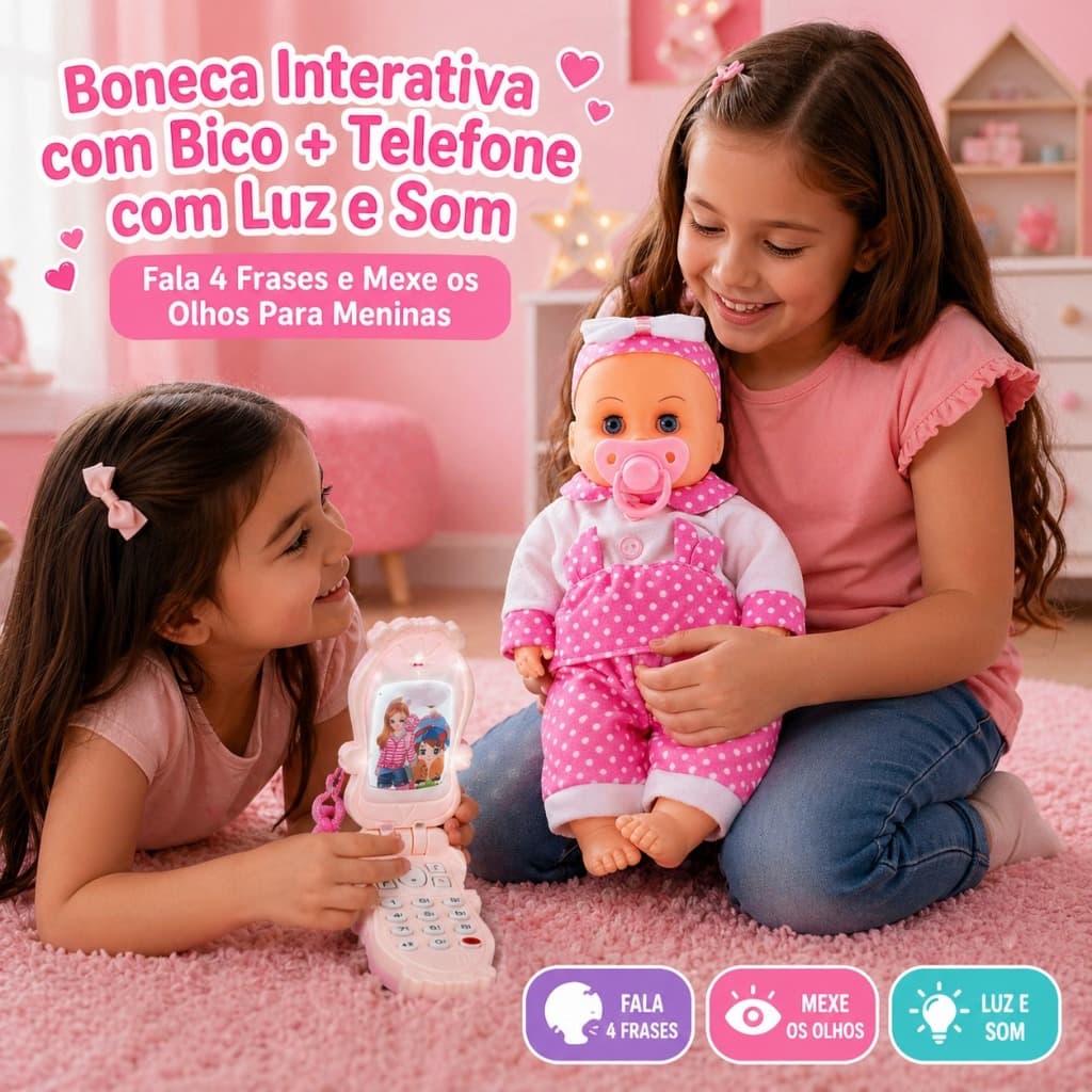 Boneca Interativa com Bico + Telefone com Luz e Som | Fala 4 Frases e Mexe os Olhos Para Meninas