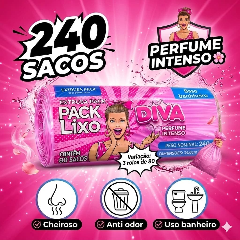 Kit Saco De Lixo Diva 240 Sacos - Rolo Perfumado Premium Resistente P/ Banheiro Cozinha E Pia (Alta Qualidade)
