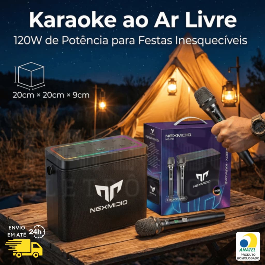 Caixa de Som Karaokê 120W Potente com 2 Microfones Bluetooth Alto Falante Woofer Bateria 2500 mAh