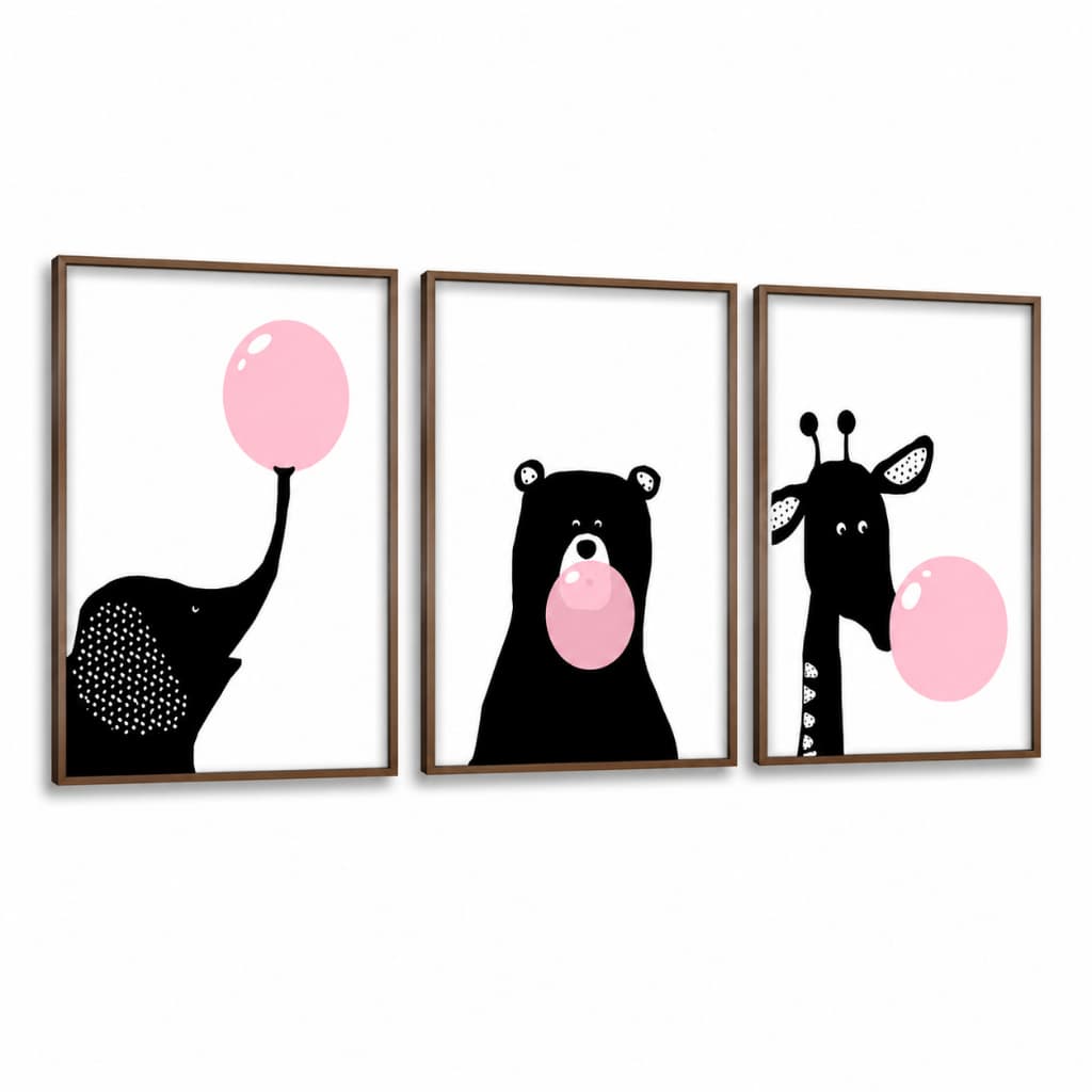 Kit 3 Quadros Decorativos Infantil | Quarto Bebê Menina e Menino | Safari, Urso, Moderno - No148