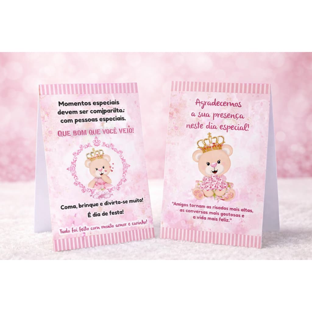 12 a 36 Plaquinha Centro de Mesa URSINHA PRINCESA ROSA Chá de Bebê Aniversário p/ Agradecimento Não é Personalizado