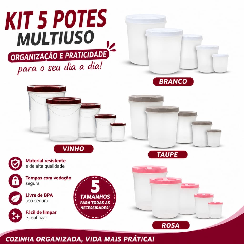 Kit 5 Potes Herméticos Para Alimentos /Cores Micro-ondas Freezer