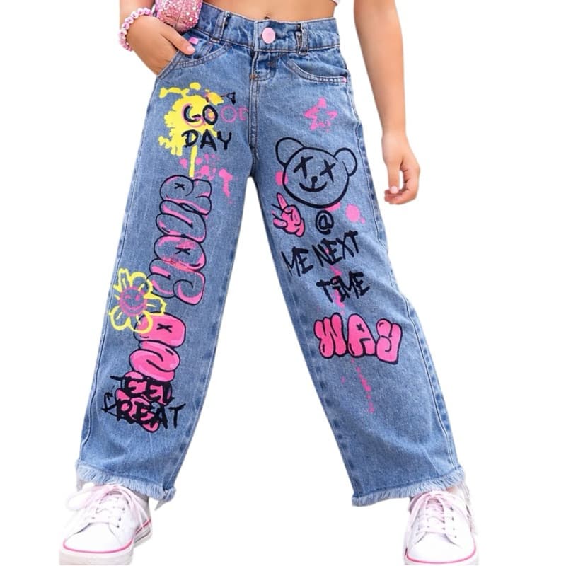 Calça Jeans Infantil e juvenil  Wide Leg Estampada no Moda Blogueira do 2 ao 16