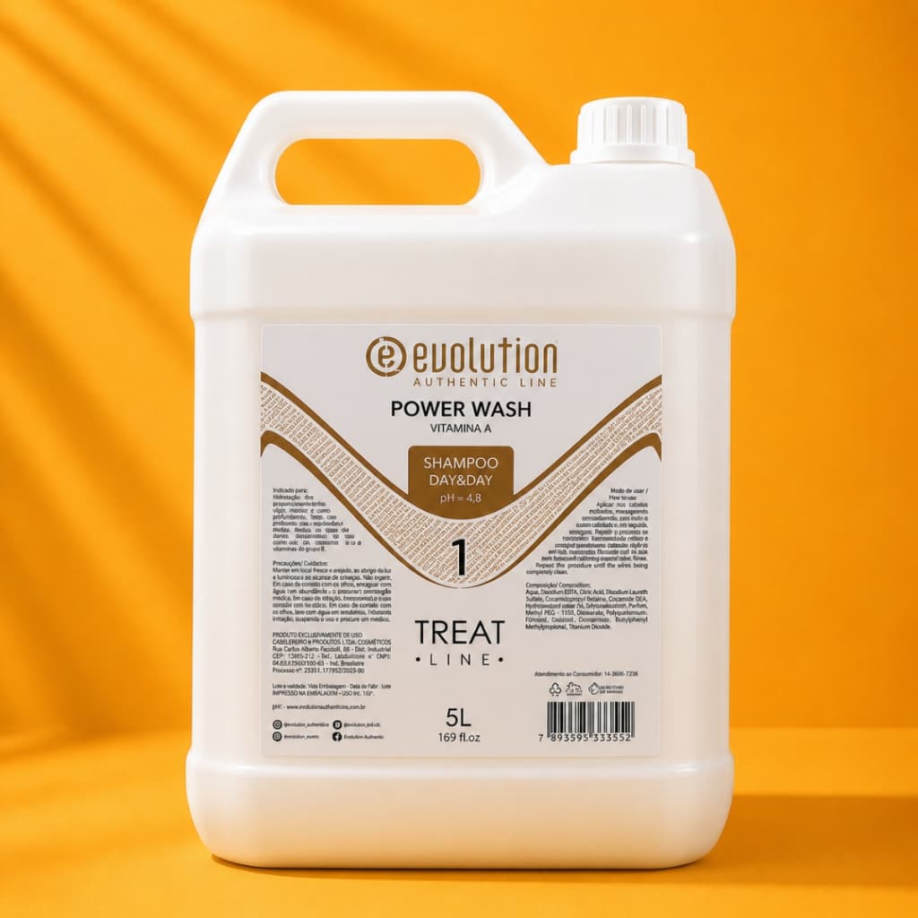 Shampoo Cura Fio Profissional 5L Evolution Power Wash Uso em Salão pH 4.8 Vitamina A Limpeza e Tratamento