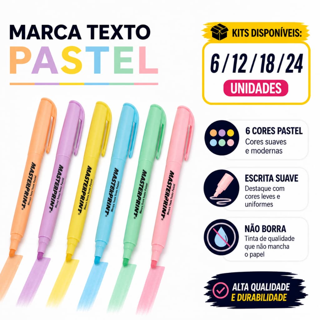 Kit 6 a 24 Canetas Grifa Caixa Marca Texto Tom Pastel MASTERPRINT Cores