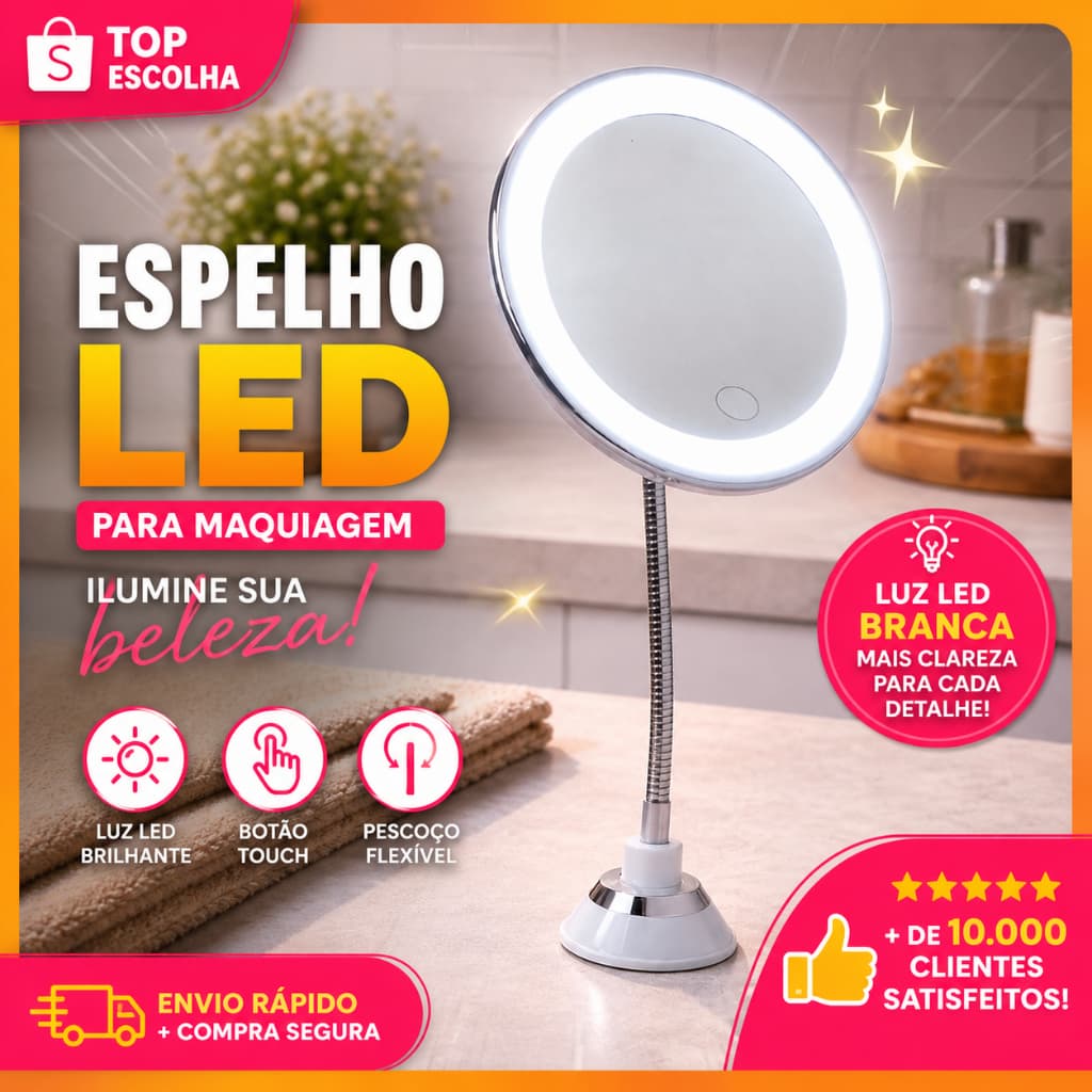 Espelho Mesa Redondo LED Maquiagem USB Iluminado Touch Profissional Presente Mães