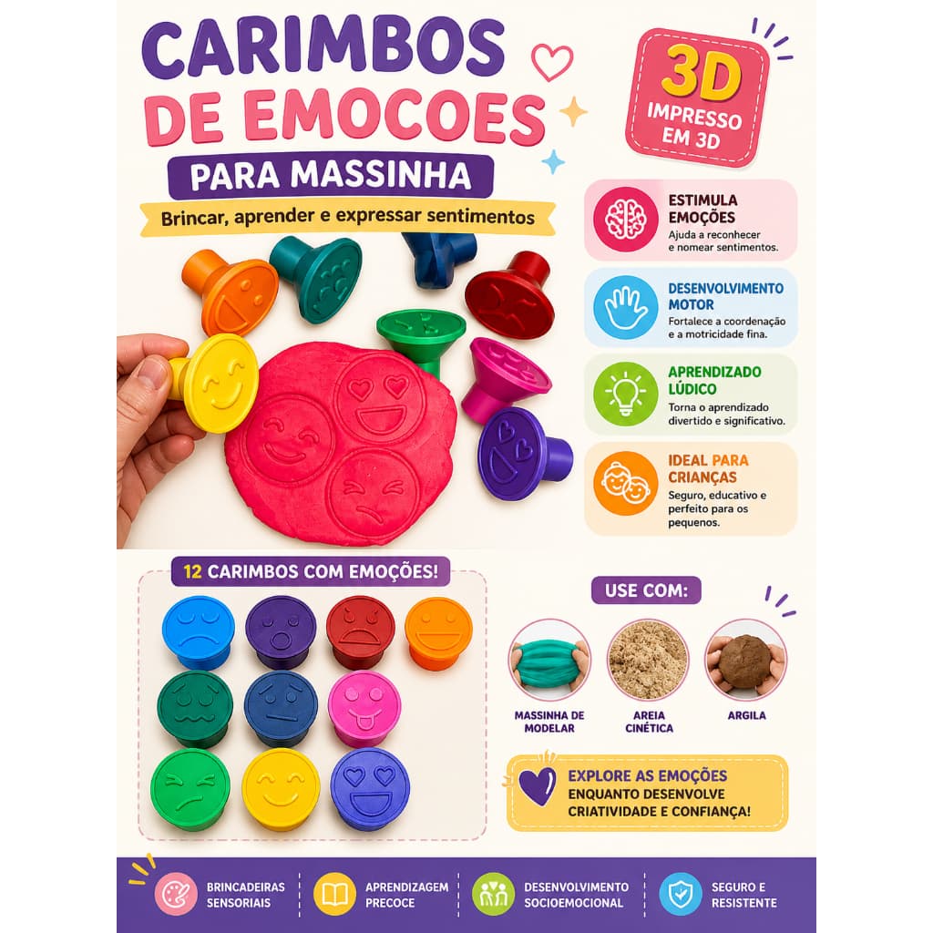 Carimbos de Emoções para Massinha 3D Infantil | Educativo Sensorial Montessori + Coordenação Motora