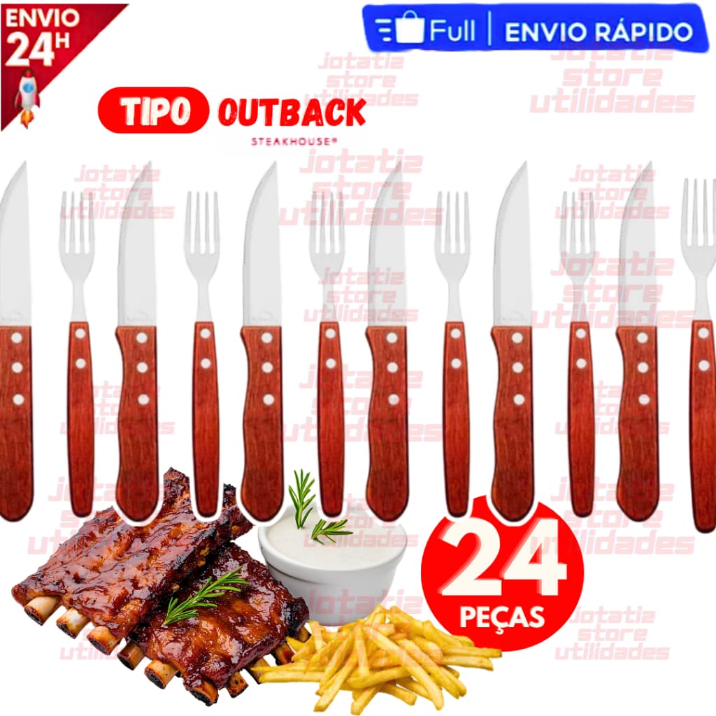 Jogo De Talher Churrasco 24 12 8 ou 6 Unidades Churrascaria Steakhouse Cabo Madeira Lamina Aço Inox Premium