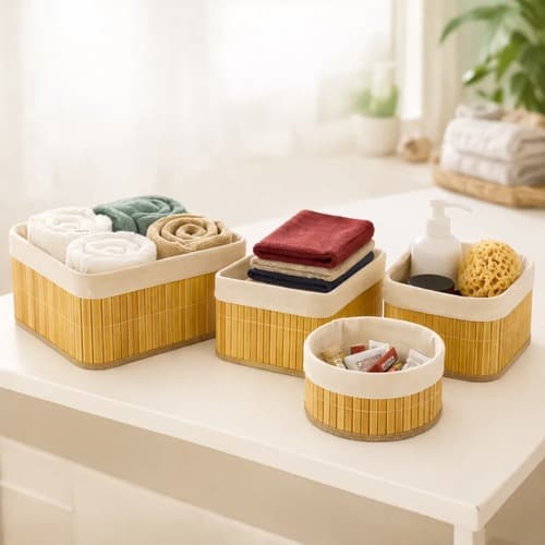 Kit 4 Cestos De Bambu Organizadores Multiuso Banheiro Quarto Com Forro Cesta