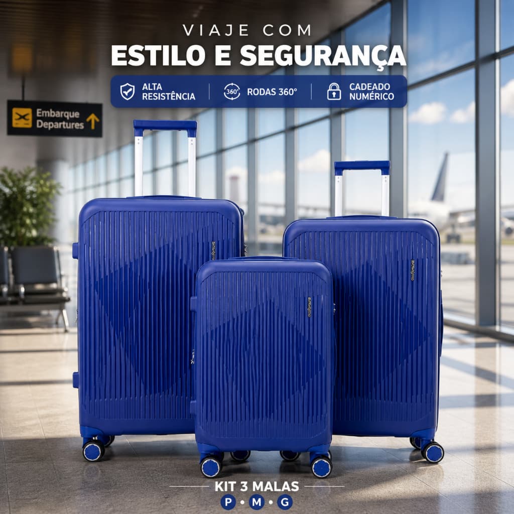 Conjunto 3 Malas Viagem Polipropileno Alta Resistência P M G 10kg 23kg 32kg Rodas 360