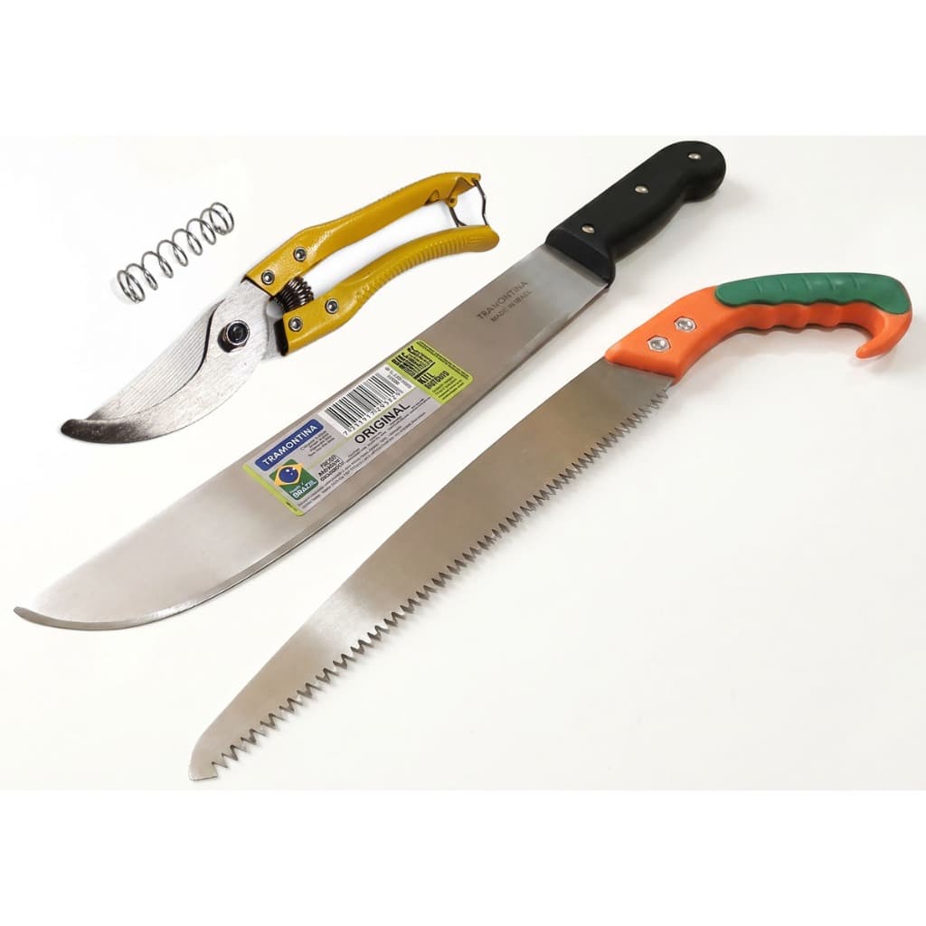 Facão Tramontina 12" pol para mato galho cana + serrote poda jardinagem madeira + tesoura para poda