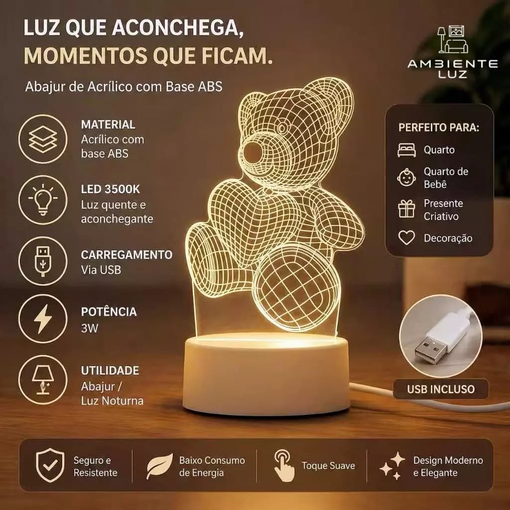 Abajur LED Ursinho 3D Luz Quente USB  Luz Noturna Decorativa
